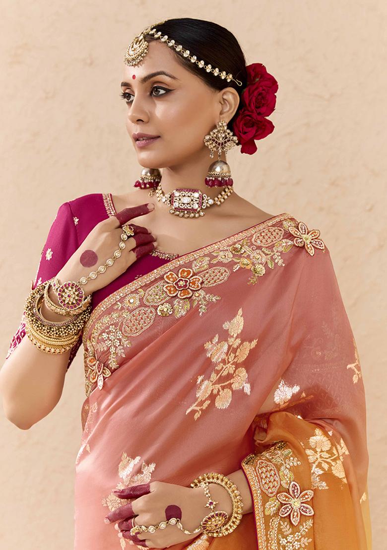 Peach And Yellow Embroidered viscose Saree Set