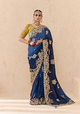 Navy Blue Embroidered viscose Saree Set