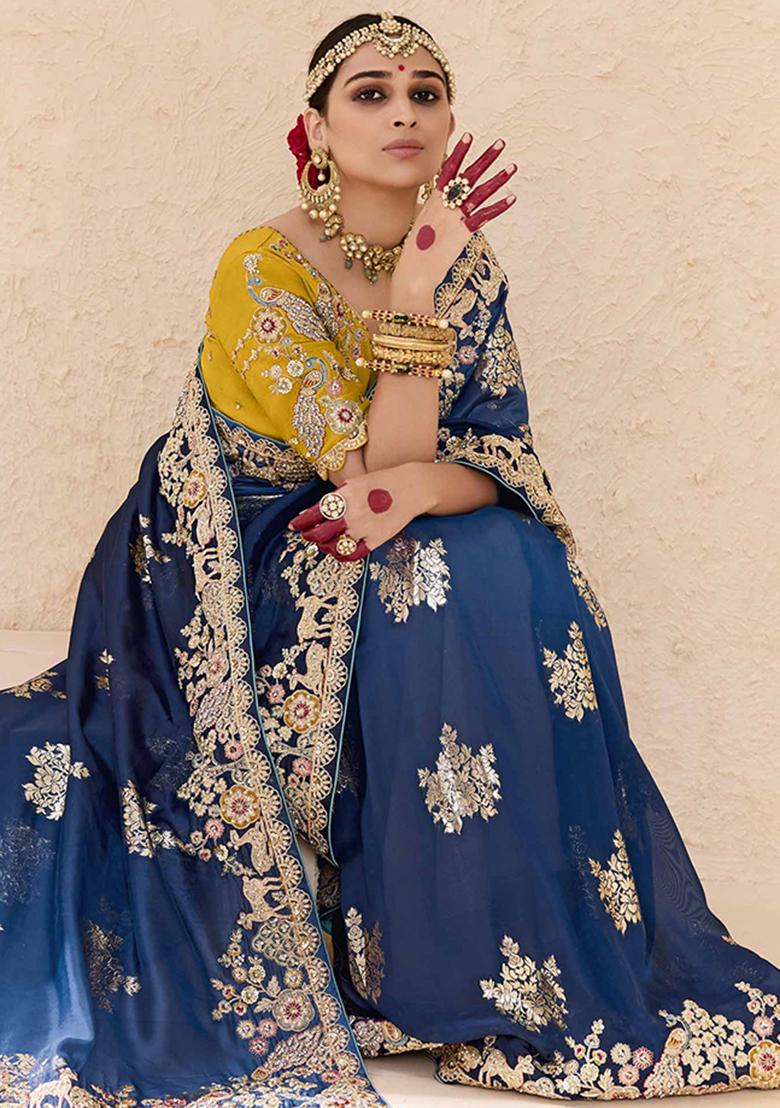 Navy Blue Embroidered viscose Saree Set