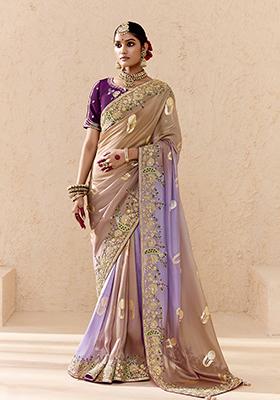 Beige And Lavender Embroidered viscose Saree Set