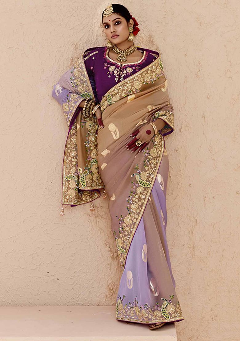 Beige And Lavender Embroidered viscose Saree Set