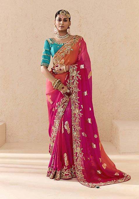 Hot Pink Embroidered viscose Saree Set