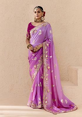 Lavender And Magenta Embroidered viscose Saree Set