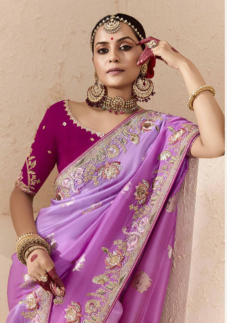Lavender And Magenta Embroidered viscose Saree Set