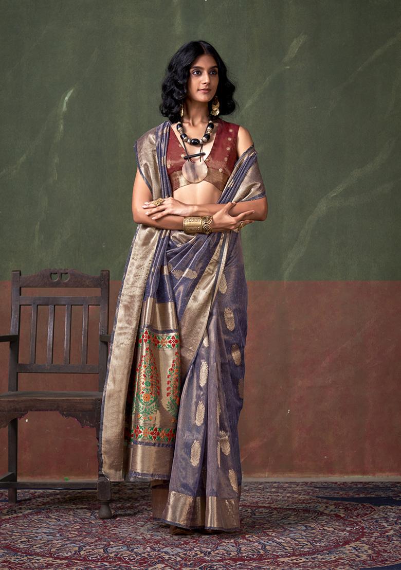 Purple Weaving Tissue Silk Saree Set