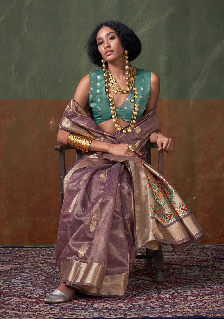 Mauve Weaving Tissue Silk Saree Set