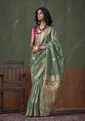 Sea Green Weaving Tissue Silk Saree Set
