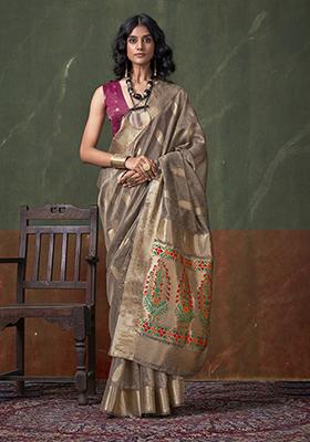Grey Weaving Tissue Silk Saree Set
