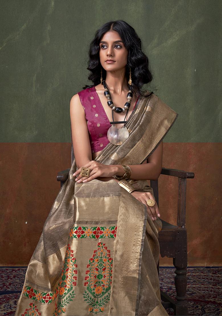 Grey Weaving Tissue Silk Saree Set