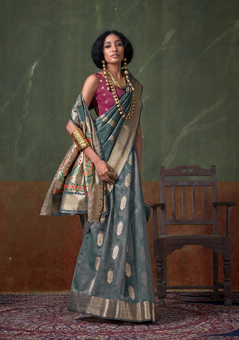 Blue Weaving Tissue Silk Saree Set