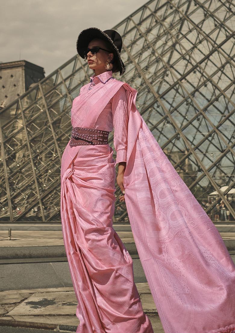 Pink Weaving Silk Saree Set