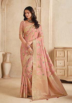 Baby Pink Zari Work Silk Saree Set
