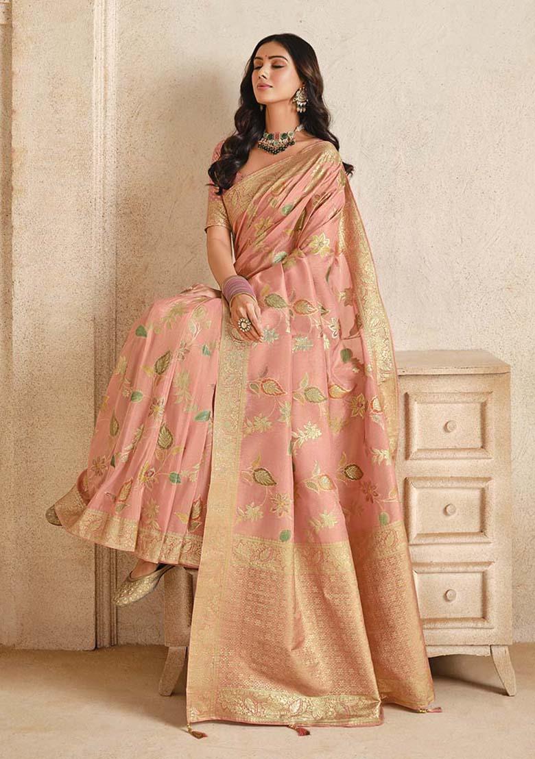 Baby Pink Zari Work Silk Saree Set