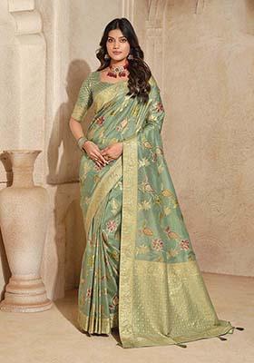 Sea Green Zari Work Silk Saree Set