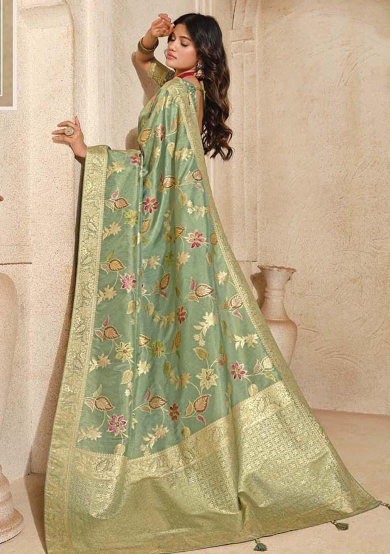 Sea Green Zari Work Silk Saree Set