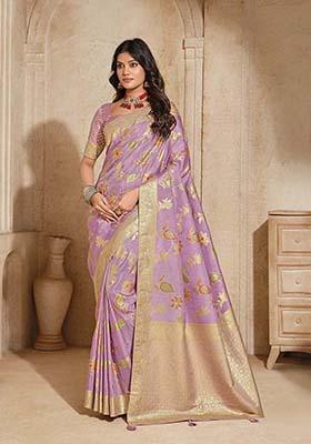 Lilac Zari Work Silk Saree Set