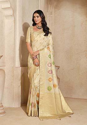 Cream Zari Work Silk Saree Set