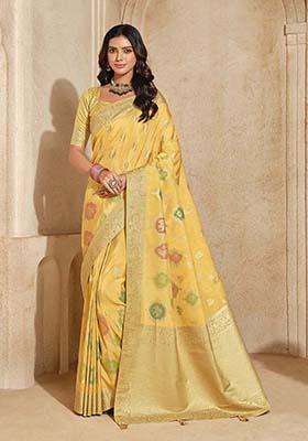 Yellow Zari Work Silk Saree Set