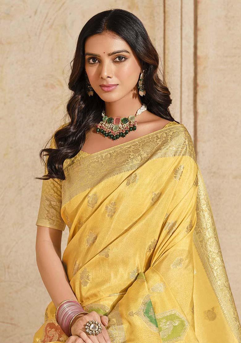 Yellow Zari Work Silk Saree Set