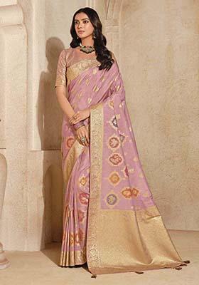 Light Pink Zari Work Silk Saree Set