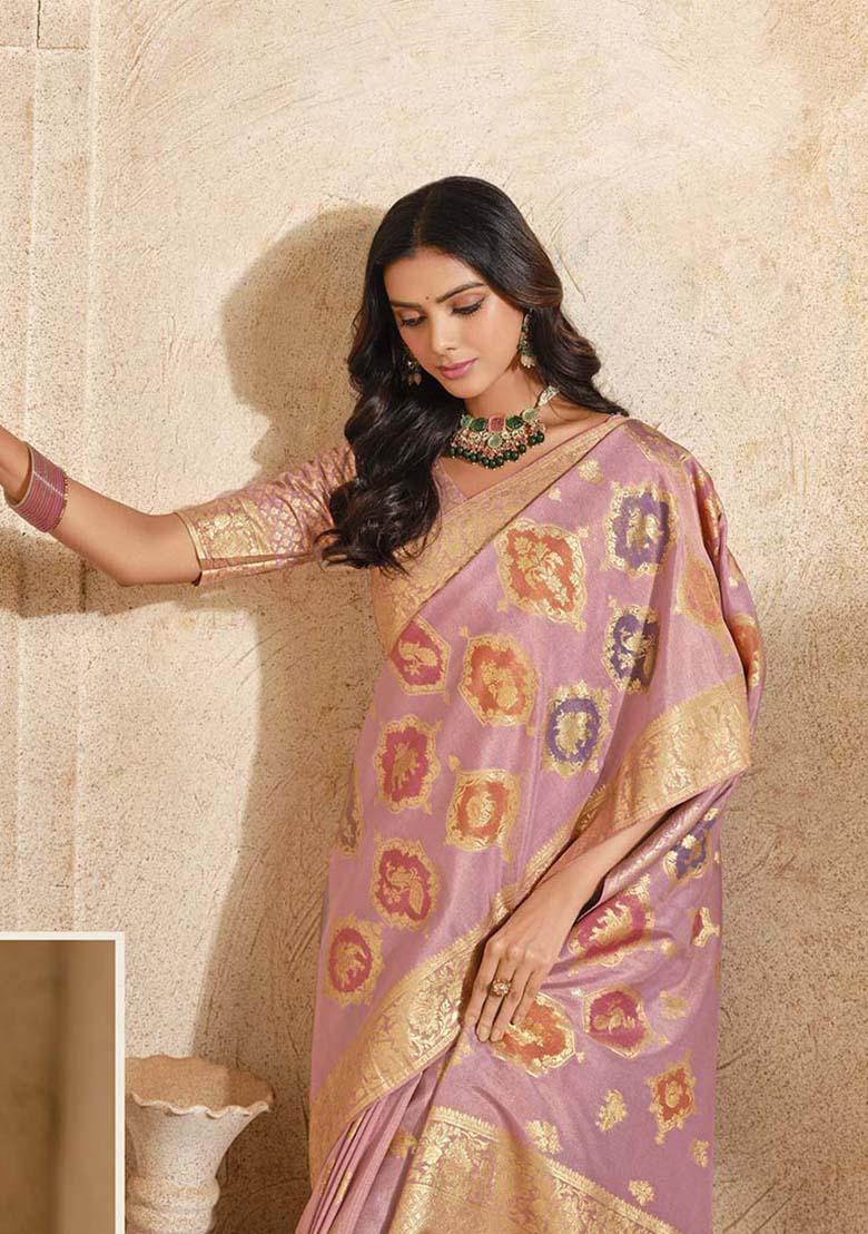 Light Pink Zari Work Silk Saree Set