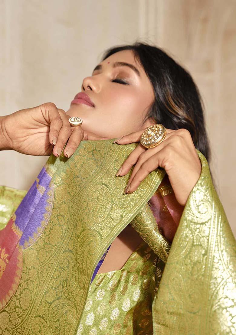 Light Green Zari Work Silk Saree Set