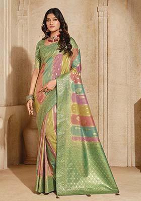 Turquoise Zari Work Silk Saree Set