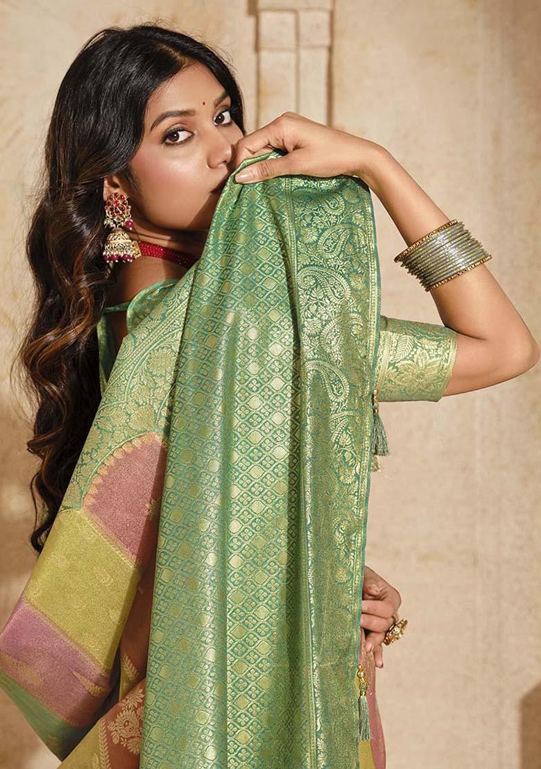 Turquoise Zari Work Silk Saree Set