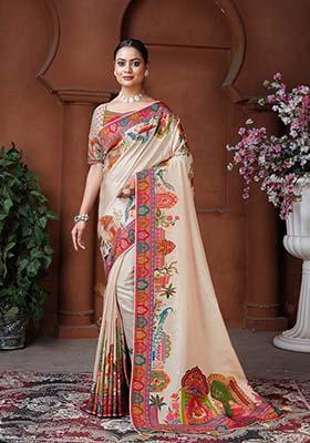 Cream Zari Work Silk Saree Set