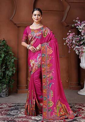 Rani Pink Zari Work Silk Saree Set