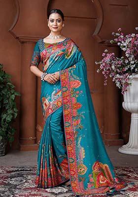 Sky Blue Zari Work Silk Saree Set