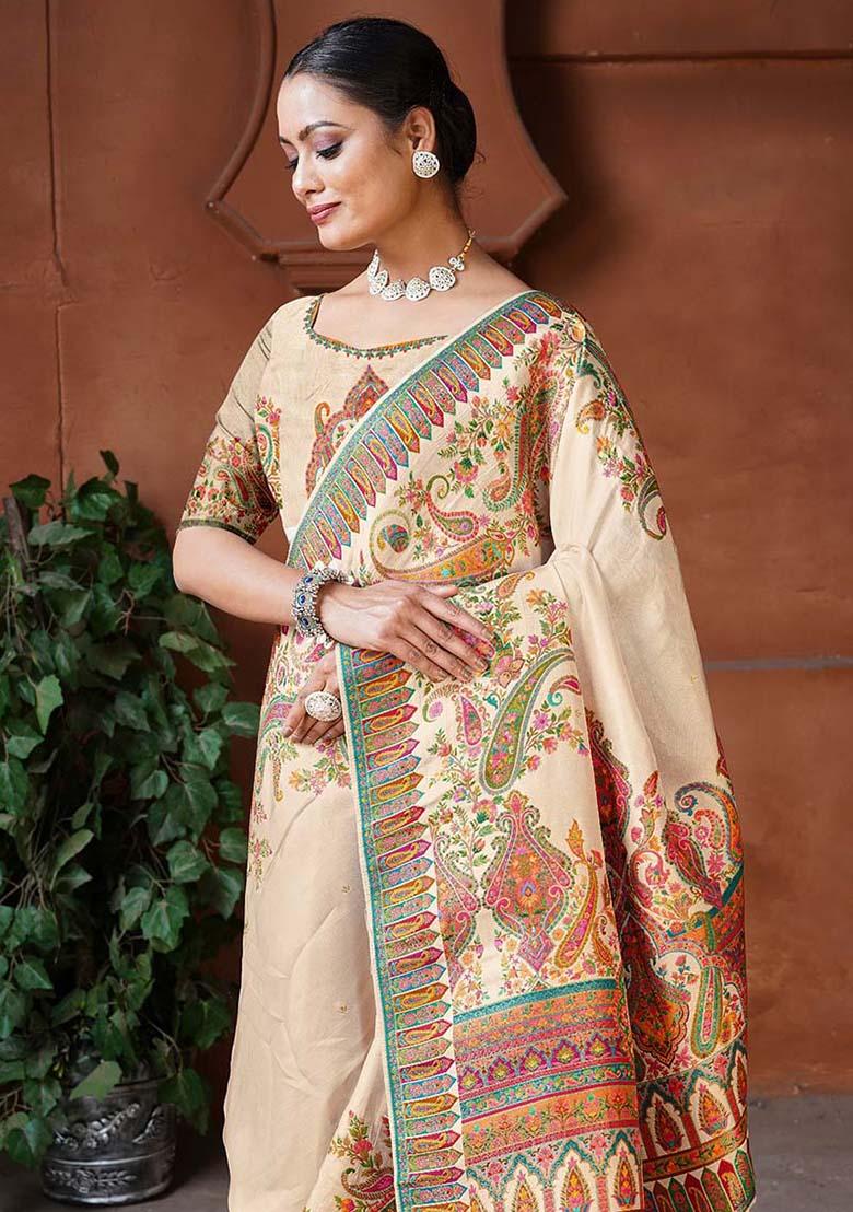 Cream Zari Work Silk Saree Set