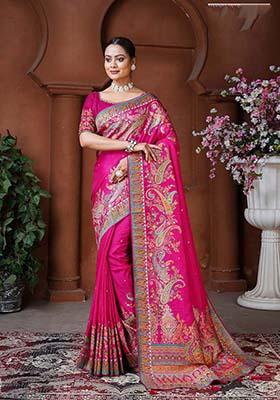 Rani Pink Zari Work Silk Saree Set