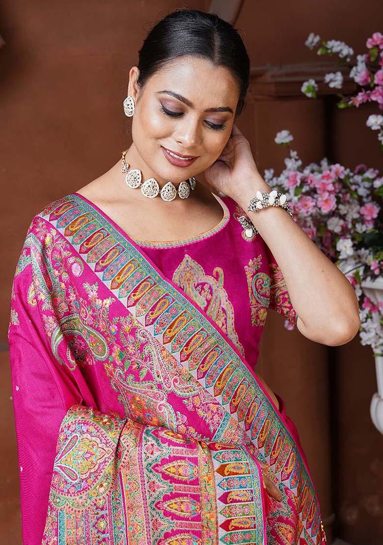 Rani Pink Zari Work Silk Saree Set