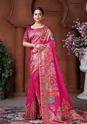 Rani Pink Zari Work Silk Saree Set