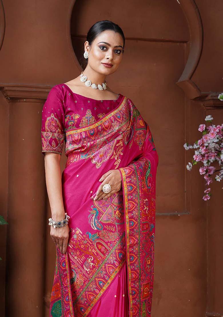 Rani Pink Zari Work Silk Saree Set