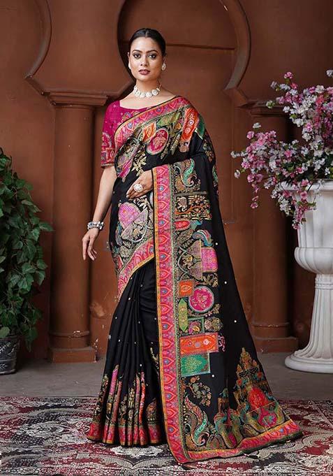 Black Zari Work Silk Saree Set