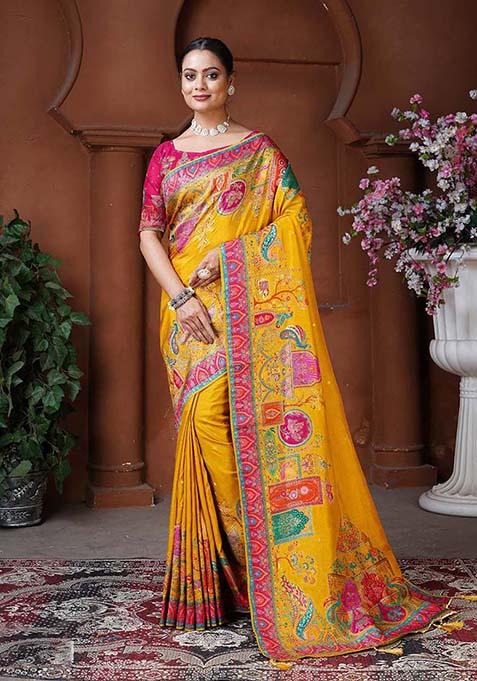 Yellow Zari Work Silk Saree Set