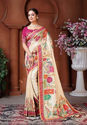 Cream Zari Work Silk Saree Set