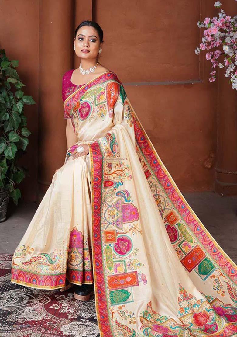 Cream Zari Work Silk Saree Set