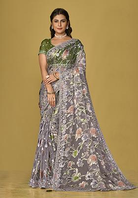 Grey Printed Organza Saree Set