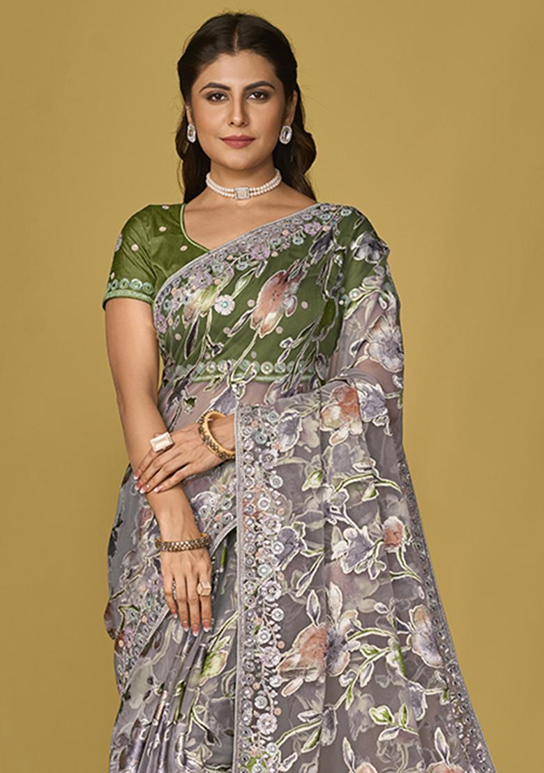 Grey Printed Organza Saree Set