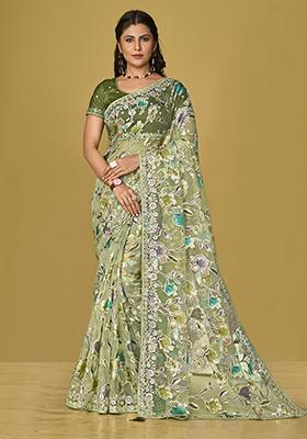 Light Green Printed Organza Saree Set