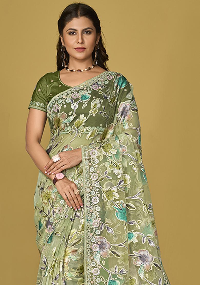 Light Green Printed Organza Saree Set