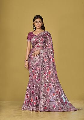 Mauve Printed Organza Saree Set