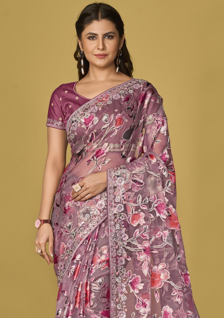 Mauve Printed Organza Saree Set