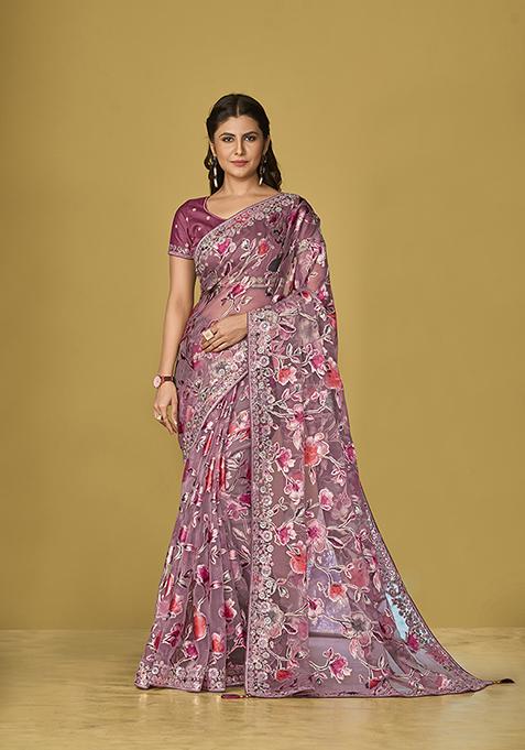 Mauve Printed Organza Saree Set