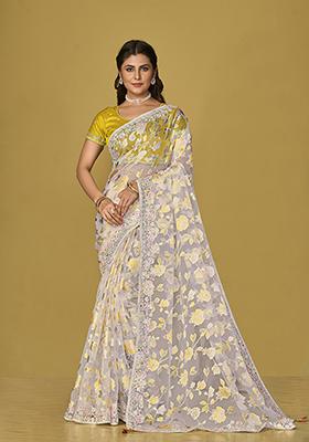 Off White Printed Organza Saree Set