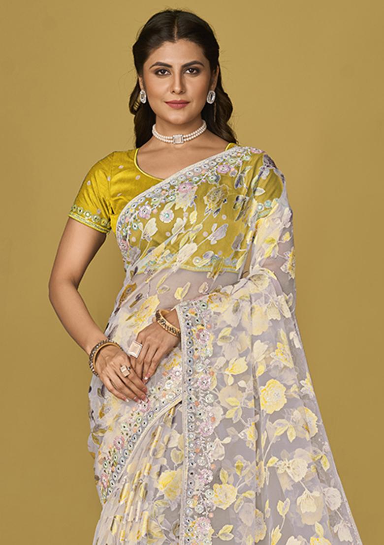 Off White Printed Organza Saree Set