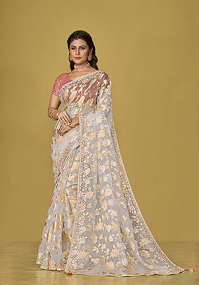 Off White Printed Organza Saree Set